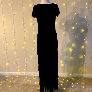 Tadashi Black Stretch Dress Size Large, Asymmetric, Flapper Style Skirt